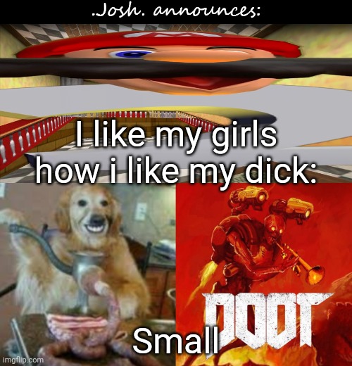 /j | I like my girls how i like my dick:; Small | image tagged in josh's announcement temp v2 0 | made w/ Imgflip meme maker