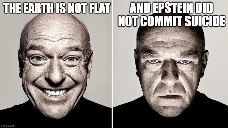 THE EARTH IS NOT FLAT AND EPSTEIN DID NOT COMMIT SUICIDE | image tagged in dean norris's reaction | made w/ Imgflip meme maker