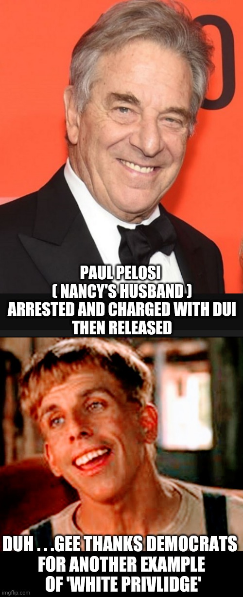 Works Both Ways | PAUL PELOSI 
( NANCY'S HUSBAND ) ARRESTED AND CHARGED WITH DUI
THEN RELEASED; DUH . . .GEE THANKS DEMOCRATS 
FOR ANOTHER EXAMPLE
 OF 'WHITE PRIVLIDGE' | image tagged in liberals,democrats,pelosi,leftists,triggered,white privilege | made w/ Imgflip meme maker