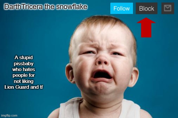 DarthTricera the snowflake | DarthTricera the snowflake; A stupid pissbaby who hates people for not liking Lion Guard and tf | image tagged in crybaby,memes,president_joe_biden | made w/ Imgflip meme maker