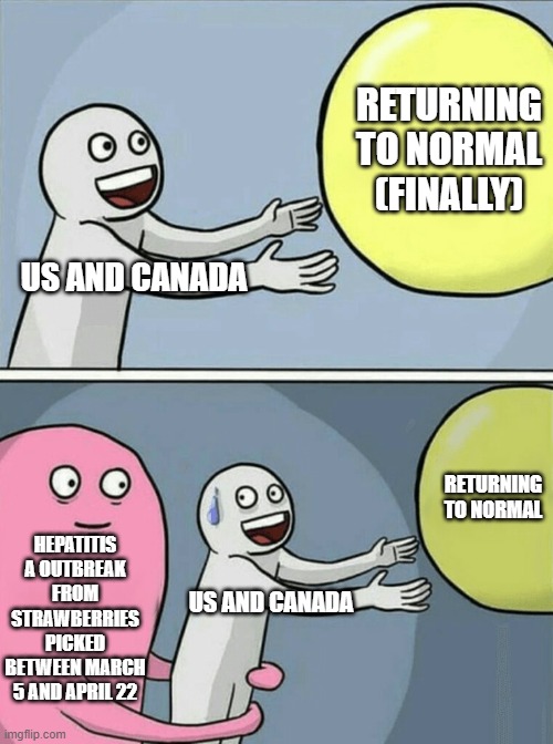One crisis at a time | RETURNING TO NORMAL (FINALLY); US AND CANADA; RETURNING TO NORMAL; HEPATITIS A OUTBREAK FROM STRAWBERRIES PICKED BETWEEN MARCH 5 AND APRIL 22; US AND CANADA | image tagged in memes,running away balloon | made w/ Imgflip meme maker