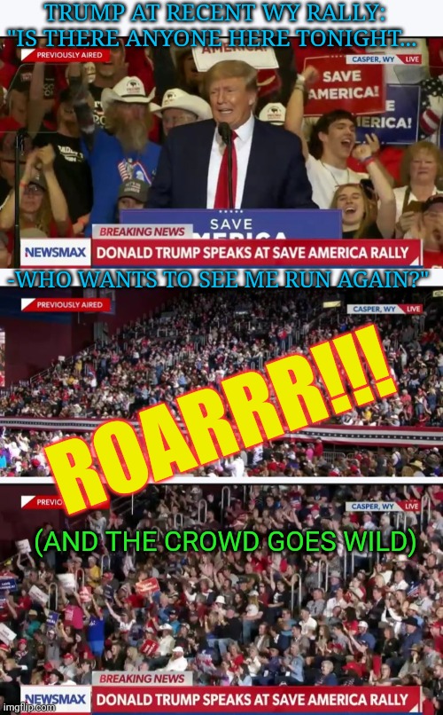 Yes They Love Trump In MAGA-Country! | TRUMP AT RECENT WY RALLY: "IS THERE ANYONE HERE TONIGHT... -WHO WANTS TO SEE ME RUN AGAIN?"; ROARRR!!! (AND THE CROWD GOES WILD) | image tagged in president trump,rules,vote,republican,voting,donald trump | made w/ Imgflip meme maker