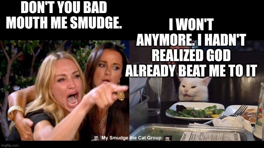 DON'T YOU BAD MOUTH ME SMUDGE. I WON'T ANYMORE. I HADN'T REALIZED GOD ALREADY BEAT ME TO IT | image tagged in smudge the cat | made w/ Imgflip meme maker