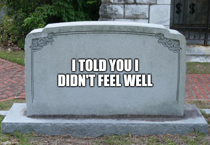 Blank Tombstone | I TOLD YOU I DIDN'T FEEL WELL | image tagged in blank tombstone | made w/ Imgflip meme maker