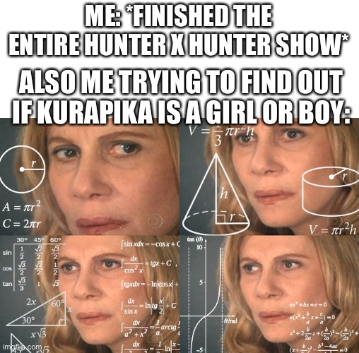 facts | ME: *FINISHED THE ENTIRE HUNTER X HUNTER SHOW*; ALSO ME TRYING TO FIND OUT IF KURAPIKA IS A GIRL OR BOY: | image tagged in calculating meme,true story,bruh,anime,meme,funny | made w/ Imgflip meme maker