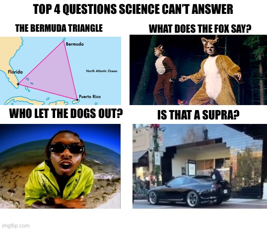 Blank White Template | TOP 4 QUESTIONS SCIENCE CAN’T ANSWER; WHAT DOES THE FOX SAY? THE BERMUDA TRIANGLE; WHO LET THE DOGS OUT? IS THAT A SUPRA? | image tagged in blank white template | made w/ Imgflip meme maker