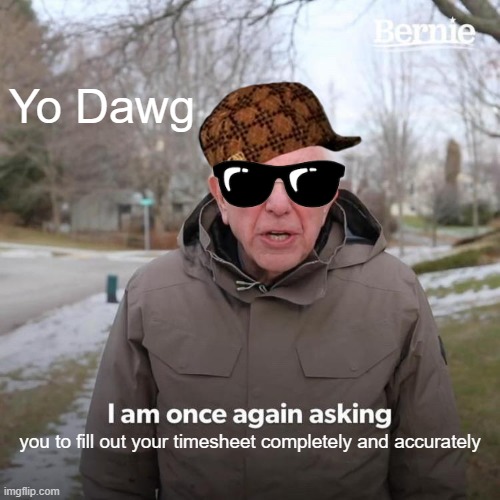 Support You Local Timesheet |  Yo Dawg; you to fill out your timesheet completely and accurately | image tagged in memes,bernie i am once again asking for your support,timesheet reminder,timesheet meme | made w/ Imgflip meme maker