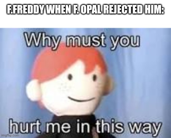 he cried | F.FREDDY WHEN F. OPAL REJECTED HIM: | image tagged in why must you hurt me in this way | made w/ Imgflip meme maker