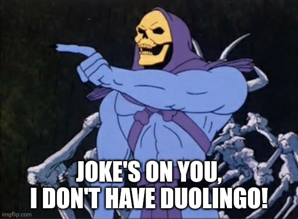 Skeletor pointing | JOKE'S ON YOU, I DON'T HAVE DUOLINGO! | image tagged in skeletor pointing | made w/ Imgflip meme maker