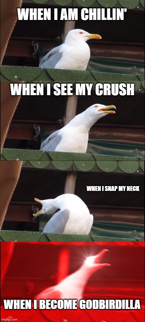 The Mem-gull | WHEN I AM CHILLIN'; WHEN I SEE MY CRUSH; WHEN I SNAP MY NECK; WHEN I BECOME GODBIRDILLA | image tagged in memes,inhaling seagull | made w/ Imgflip meme maker