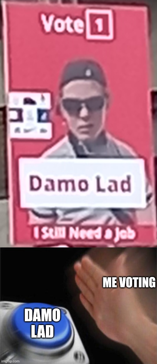 ME VOTING; DAMO LAD | image tagged in memes,blank nut button | made w/ Imgflip meme maker