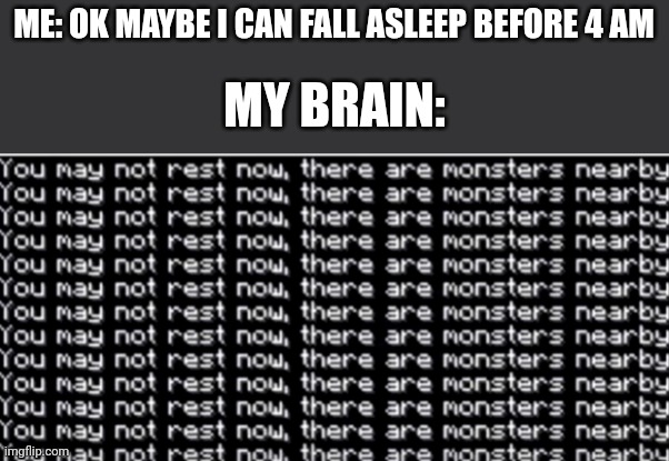 All i see during my whole summer break is sleeping issues | ME: OK MAYBE I CAN FALL ASLEEP BEFORE 4 AM; MY BRAIN: | image tagged in you may not rest now | made w/ Imgflip meme maker