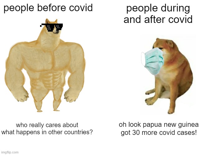 really, so true (could happen in other countries as well not only papua) | people before covid; people during and after covid; who really cares about what happens in other countries? oh look papua new guinea got 30 more covid cases! | image tagged in memes,buff doge vs cheems | made w/ Imgflip meme maker