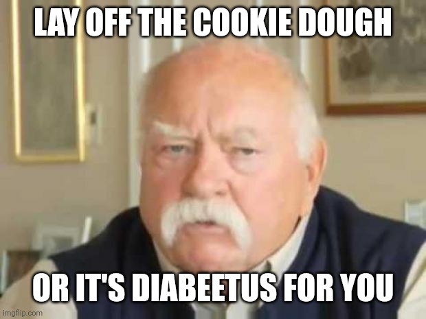 Wilford Brimley | LAY OFF THE COOKIE DOUGH OR IT'S DIABEETUS FOR YOU | image tagged in wilford brimley | made w/ Imgflip meme maker