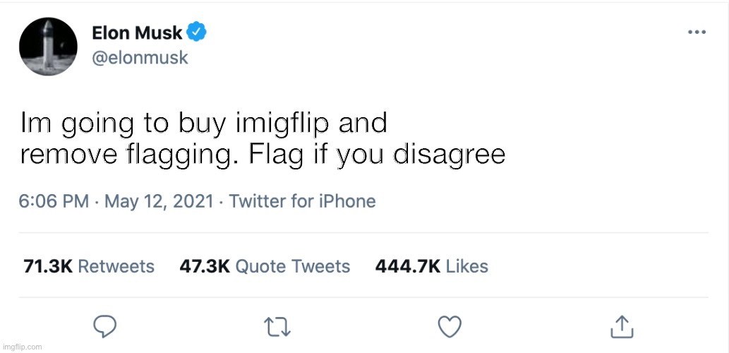 Elon Musk Blank Tweet | Im going to buy imigflip and remove flagging. Flag if you disagree | image tagged in elon musk blank tweet | made w/ Imgflip meme maker