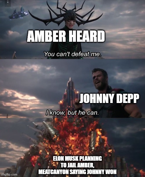AMBER HEARD SUCKS | AMBER HEARD; JOHNNY DEPP; ELON MUSK PLANNING TO JAIL AMBER, MEATCANYON SAYING JOHNNY WON | image tagged in you can't defeat me,amber heard,johnny depp | made w/ Imgflip meme maker