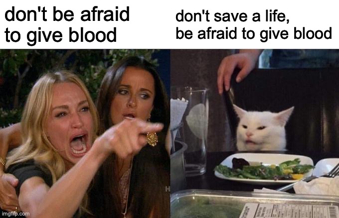 Woman Yelling At Cat Meme | don't be afraid to give blood don't save a life, be afraid to give blood | image tagged in memes,woman yelling at cat | made w/ Imgflip meme maker
