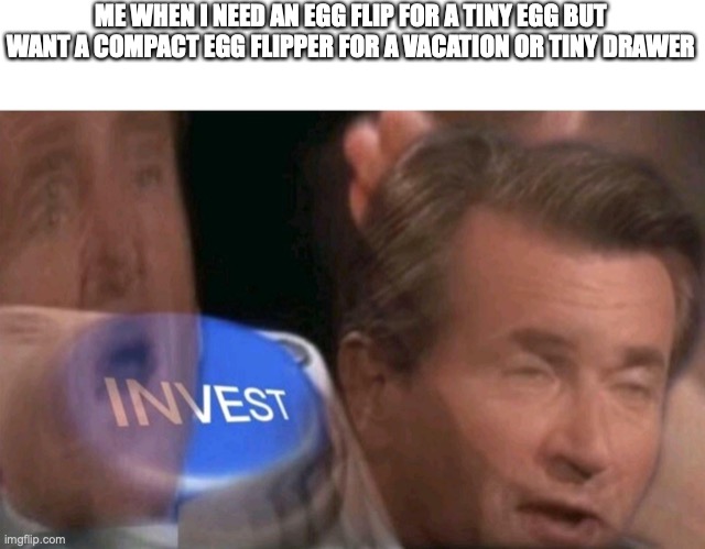 Invest | ME WHEN I NEED AN EGG FLIP FOR A TINY EGG BUT WANT A COMPACT EGG FLIPPER FOR A VACATION OR TINY DRAWER | image tagged in invest | made w/ Imgflip meme maker