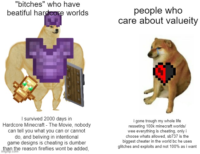 Buff Doge vs. Cheems | "bitches" who have beatiful hardcore worlds; people who care about valueity; I survived 2000 days in Hardcore Minecraft - The Movie, nobody can tell you what you can or cannot do, and beliving in intentional game designs is cheating is dumber than the reason fireflies wont be added, i gone trough my whole life resseting 100k minecraft worlds/ wee everything is cheating, only i choose whats allowed, sb737 is the biggest cheater in the world bc he uses glitches and exploits and not 100% as i want | image tagged in memes,buff doge vs cheems | made w/ Imgflip meme maker