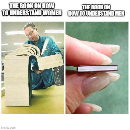 You know it's true! | THE BOOK ON HOW TO UNDERSTAND WOMEN; THE BOOK ON HOW TO UNDERSTAND MEN | image tagged in big book vs little book,men,women | made w/ Imgflip meme maker
