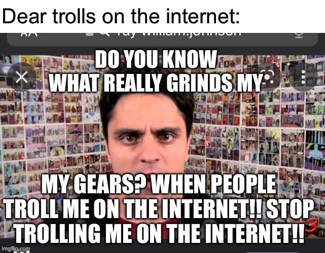 Who else has this problem?? | Dear trolls on the internet:; DO YOU KNOW WHAT REALLY GRINDS MY; MY GEARS? WHEN PEOPLE TROLL ME ON THE INTERNET!! STOP TROLLING ME ON THE INTERNET!! | image tagged in troll,ray william johnson,trolling | made w/ Imgflip meme maker