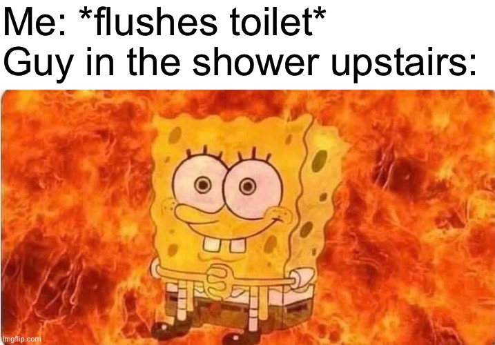 spongebob in flames | Me: *flushes toilet*
Guy in the shower upstairs: | image tagged in spongebob in flames | made w/ Imgflip meme maker