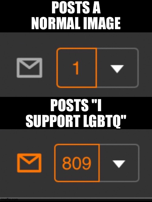 True | POSTS A NORMAL IMAGE; POSTS "I SUPPORT LGBTQ" | image tagged in 1 notification vs 809 notifications with message | made w/ Imgflip meme maker