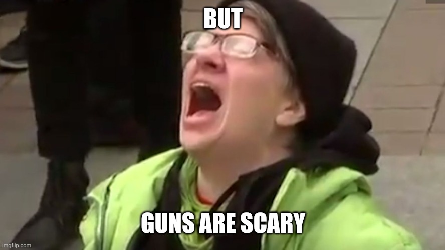 Screaming Liberal  | BUT GUNS ARE SCARY | image tagged in screaming liberal | made w/ Imgflip meme maker