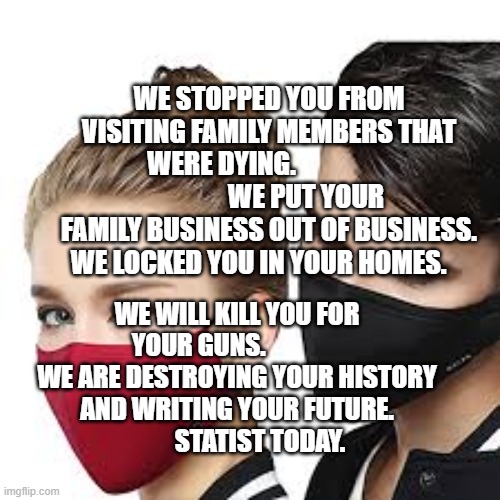 Mask Couple | WE STOPPED YOU FROM VISITING FAMILY MEMBERS THAT WERE DYING.                                 WE PUT YOUR FAMILY BUSINESS OUT OF BUSINESS. WE LOCKED YOU IN YOUR HOMES. WE WILL KILL YOU FOR YOUR GUNS.                WE ARE DESTROYING YOUR HISTORY AND WRITING YOUR FUTURE.              STATIST TODAY. | image tagged in mask couple | made w/ Imgflip meme maker