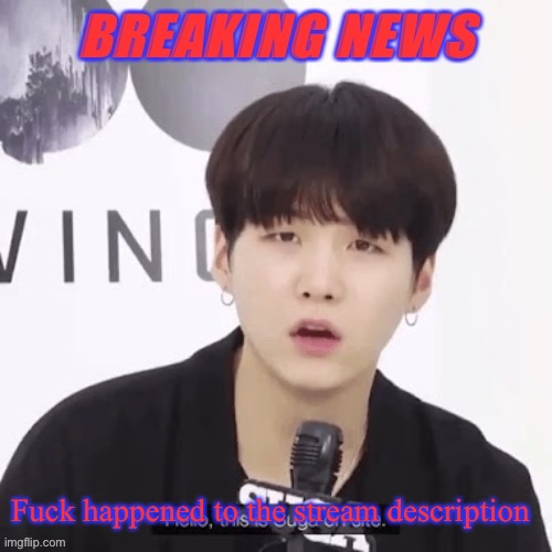 Breaking news suga | Fuck happened to the stream description | image tagged in breaking news suga | made w/ Imgflip meme maker