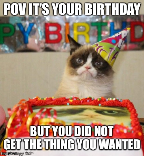 My Birthday | POV IT’S YOUR BIRTHDAY; BUT YOU DID NOT GET THE THING YOU WANTED | image tagged in memes,grumpy cat birthday,grumpy cat | made w/ Imgflip meme maker