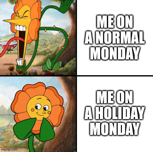 angry flower | ME ON A NORMAL MONDAY; ME ON A HOLIDAY MONDAY | image tagged in angry flower | made w/ Imgflip meme maker