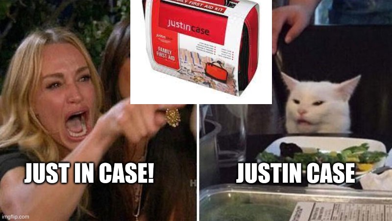 JustinCase | JUSTIN CASE; JUST IN CASE! | image tagged in woman argues with cat | made w/ Imgflip meme maker