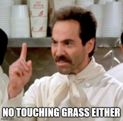 Soup Nazi | NO TOUCHING GRASS EITHER | image tagged in soup nazi | made w/ Imgflip meme maker