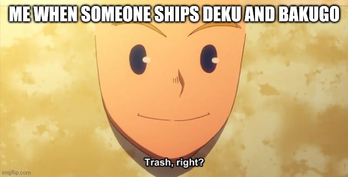 Trash, right? | ME WHEN SOMEONE SHIPS DEKU AND BAKUGO | image tagged in trash right | made w/ Imgflip meme maker