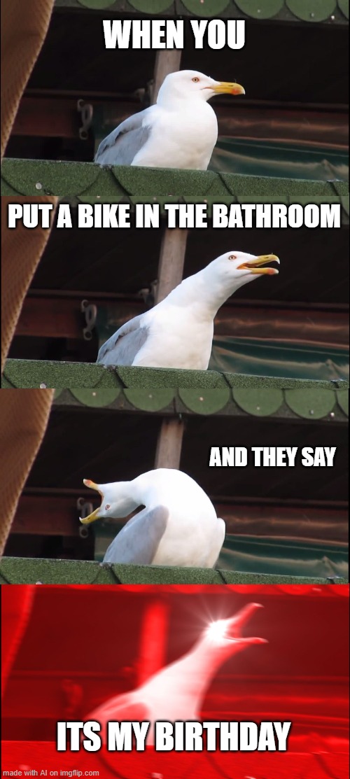 AAAAAAAAAAAAAAAAAAAAAAAAAAAA | WHEN YOU; PUT A BIKE IN THE BATHROOM; AND THEY SAY; ITS MY BIRTHDAY | image tagged in memes,inhaling seagull,what can i say except aaaaaaaaaaa,funny,ai meme,oh wow are you actually reading these tags | made w/ Imgflip meme maker