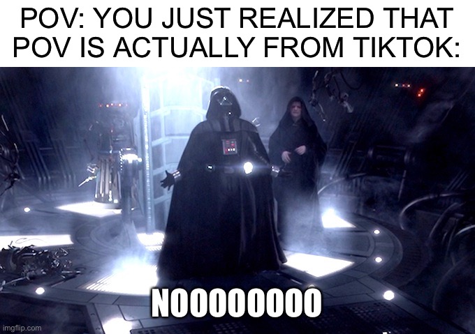 Let’s swear an oath to never use pov in any memes again | POV: YOU JUST REALIZED THAT POV IS ACTUALLY FROM TIKTOK:; NOOOOOOOO | image tagged in darth vader no,memes,funny,funny memes,pov,tiktok sucks | made w/ Imgflip meme maker