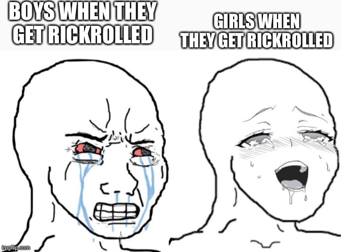  BOYS WHEN THEY GET RICKROLLED; GIRLS WHEN THEY GET RICKROLLED | image tagged in memes,rickroll,boys vs girls,girls vs boys,rick astley | made w/ Imgflip meme maker