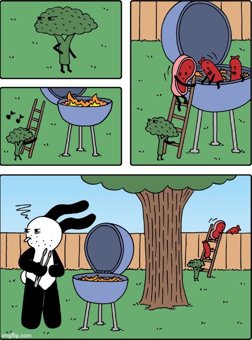 Vegetable, meat cookout | image tagged in comics/cartoons,comics,comic,cookout,vegetable,meat | made w/ Imgflip meme maker