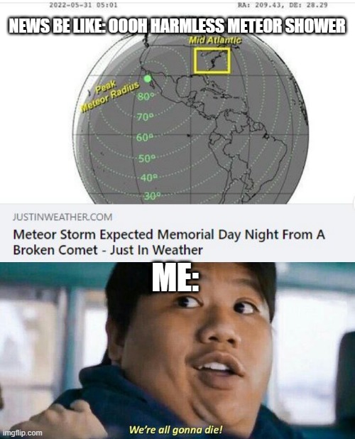 Rock Rain | NEWS BE LIKE: OOOH HARMLESS METEOR SHOWER; ME: | image tagged in we're all gonna die | made w/ Imgflip meme maker