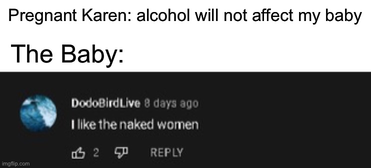 No title | Pregnant Karen: alcohol will not affect my baby; The Baby: | image tagged in baby,nsfw | made w/ Imgflip meme maker