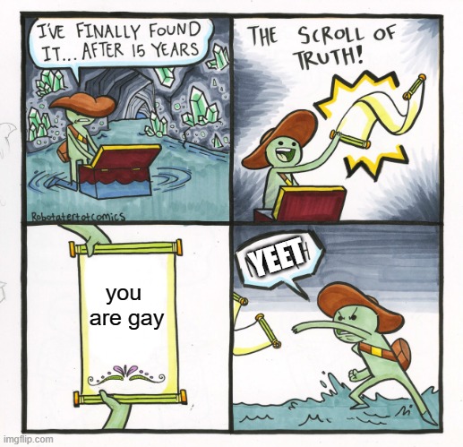 lol | YEET; you 
are gay | image tagged in memes,the scroll of truth,trolled | made w/ Imgflip meme maker