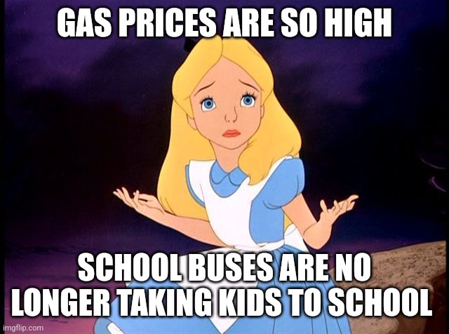 Alice in Wonderland | GAS PRICES ARE SO HIGH; SCHOOL BUSES ARE NO LONGER TAKING KIDS TO SCHOOL | image tagged in alice in wonderland | made w/ Imgflip meme maker