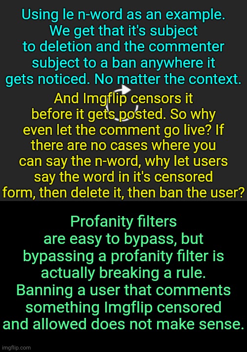 Positively. | Using le n-word as an example.
We get that it's subject to deletion and the commenter subject to a ban anywhere it gets noticed. No matter the context. And Imgflip censors it before it gets posted. So why even let the comment go live? If there are no cases where you can say the n-word, why let users say the word in it's censored form, then delete it, then ban the user? Profanity filters are easy to bypass, but bypassing a profanity filter is actually breaking a rule. Banning a user that comments something Imgflip censored and allowed does not make sense. | image tagged in replay button,imgflip | made w/ Imgflip meme maker