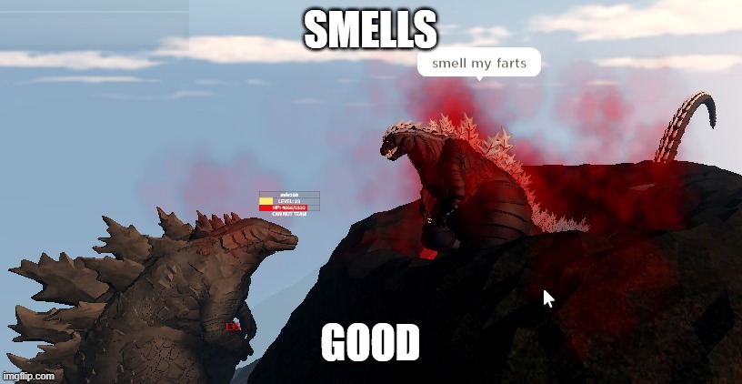 Ultima Farts Infront of godzilla | SMELLS; GOOD | image tagged in funny,fart,funny memes,lol so funny,lol,roblox | made w/ Imgflip meme maker