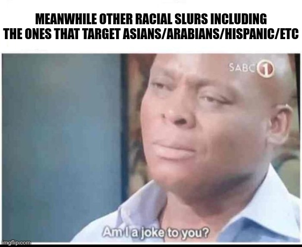 Am I a joke to you? | MEANWHILE OTHER RACIAL SLURS INCLUDING THE ONES THAT TARGET ASIANS/ARABIANS/HISPANIC/ETC | image tagged in am i a joke to you | made w/ Imgflip meme maker