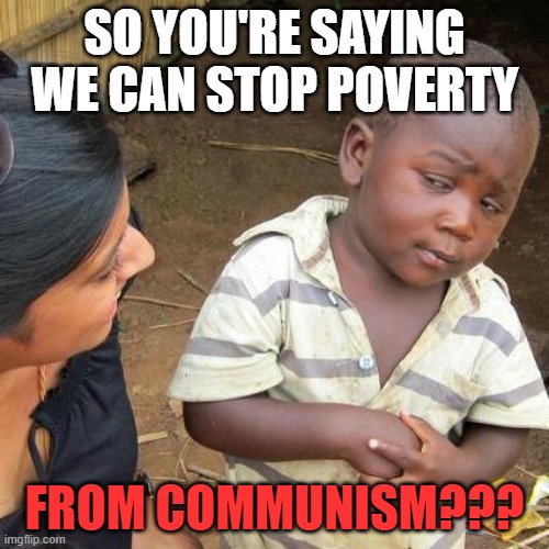 ??? | SO YOU'RE SAYING WE CAN STOP POVERTY; FROM COMMUNISM??? | image tagged in memes,third world skeptical kid | made w/ Imgflip meme maker