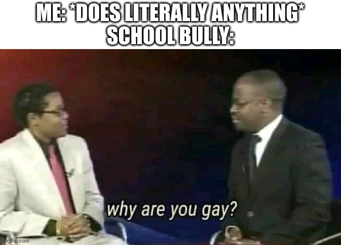 ;-; | ME: *DOES LITERALLY ANYTHING*
SCHOOL BULLY: | image tagged in why are you gay,school memes | made w/ Imgflip meme maker