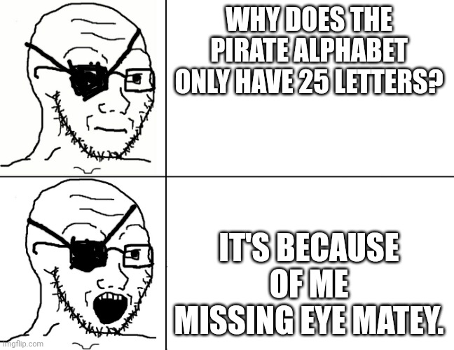 Pirate jokes | WHY DOES THE PIRATE ALPHABET ONLY HAVE 25 LETTERS? IT'S BECAUSE OF ME MISSING EYE MATEY. | image tagged in soyjak reaction | made w/ Imgflip meme maker