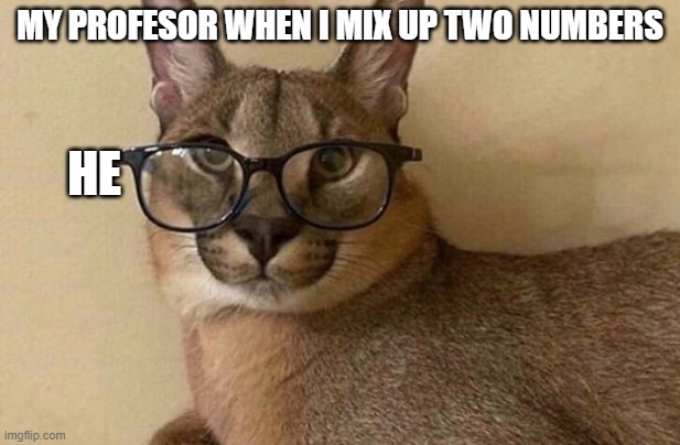 Profesor My | MY PROFESOR WHEN I MIX UP TWO NUMBERS; HE | image tagged in floppa professor | made w/ Imgflip meme maker
